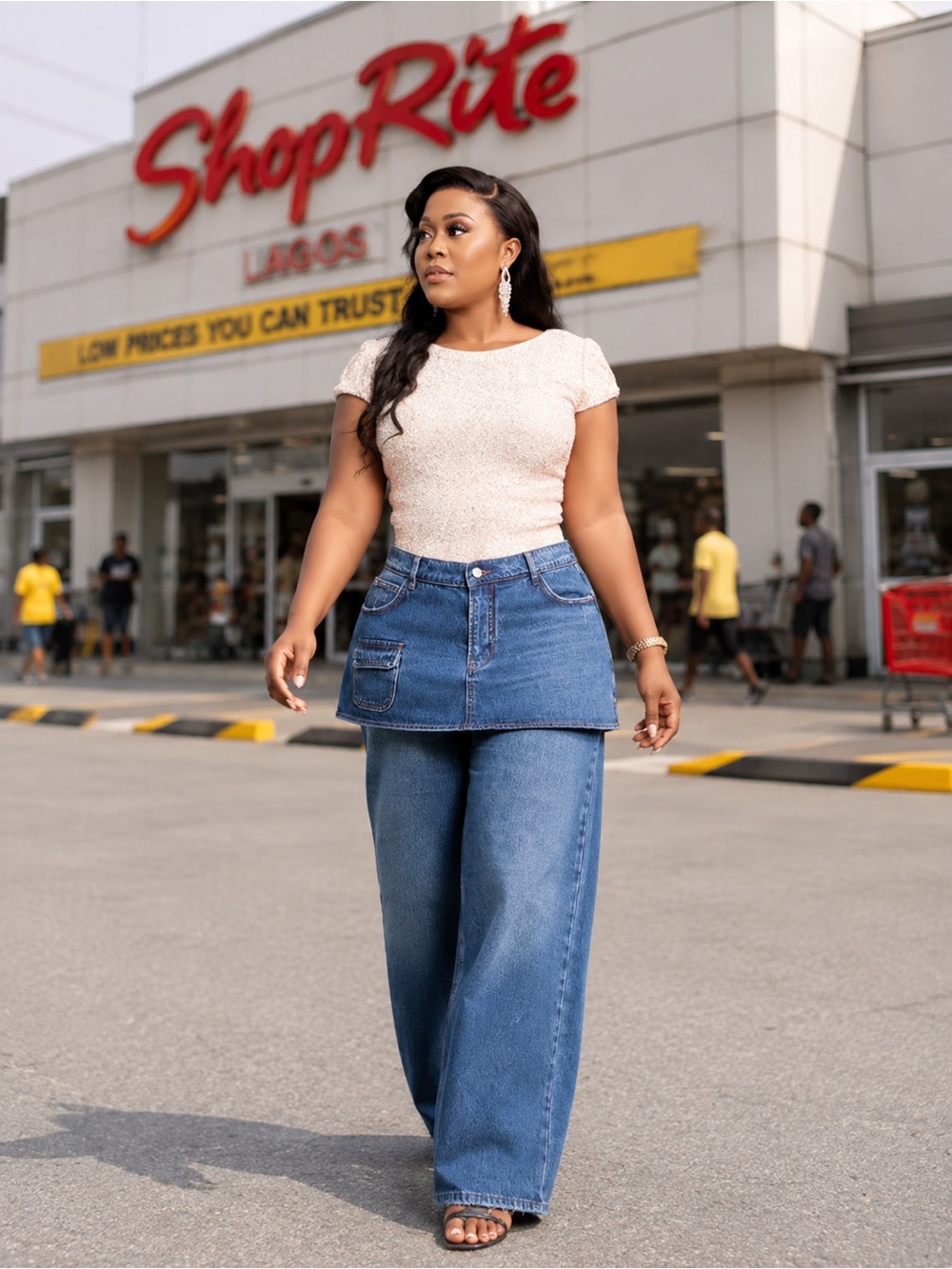Women's Blue Denim Skirt-Overlay Wide Leg Jeans